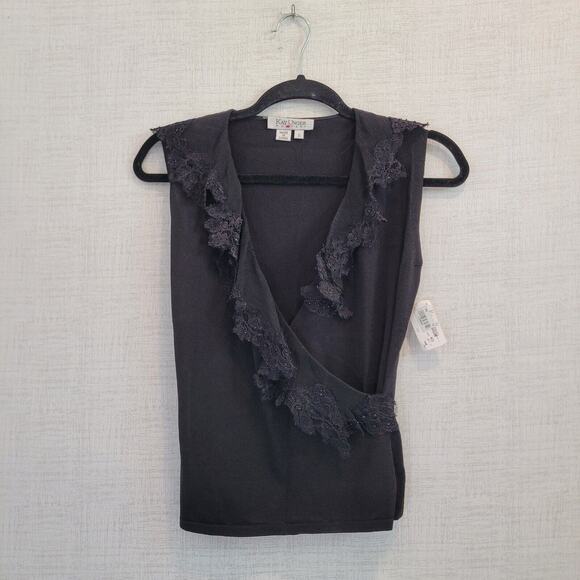 Kay Unger New York Womens Black Sleeveless Top Blouse Tank Small Ruffle New - Picture 1 of 8